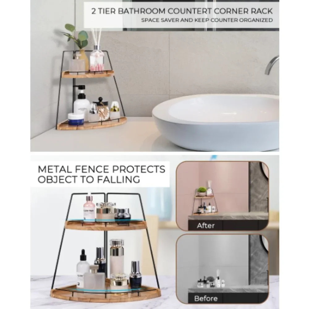 2-Tier Wooden Corner Organizer - Bathroom/ Kitchen/ Vanity Corner Shelf Storage